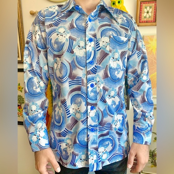70s DEADSTOCK Psychedelic Op Art Dagger Collar Shirt - Picture 1 of 9